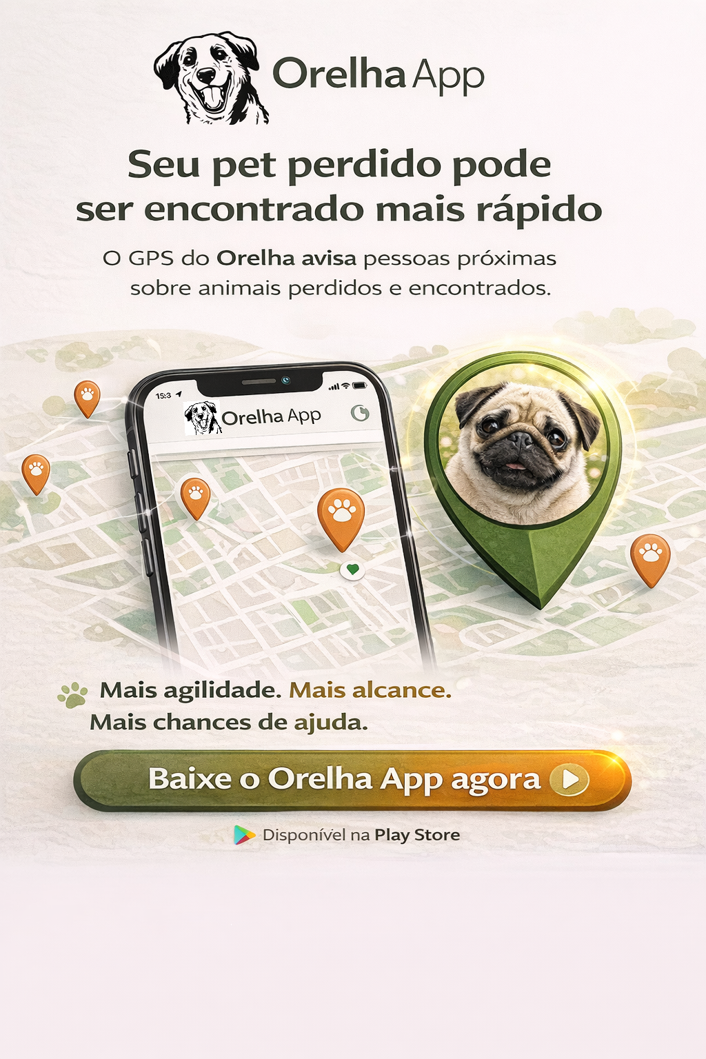 Banner do Orelha App com mapa e localização para pets perdidos ou encontrados